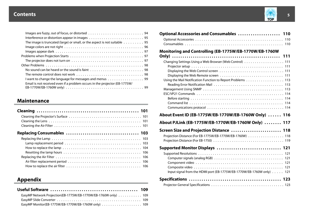Epson EB-1770W manual Cleaning, Replacing Consumables, Useful Software Optional Accessories and Consumables, Specifications 