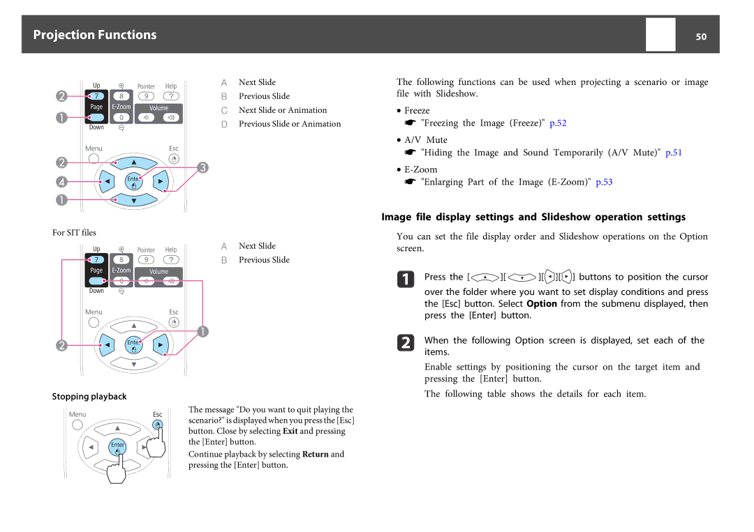 Epson EB-1770W, EB-1750, EB-1760W manual Image file display settings and Slideshow operation settings, Stopping playback 
