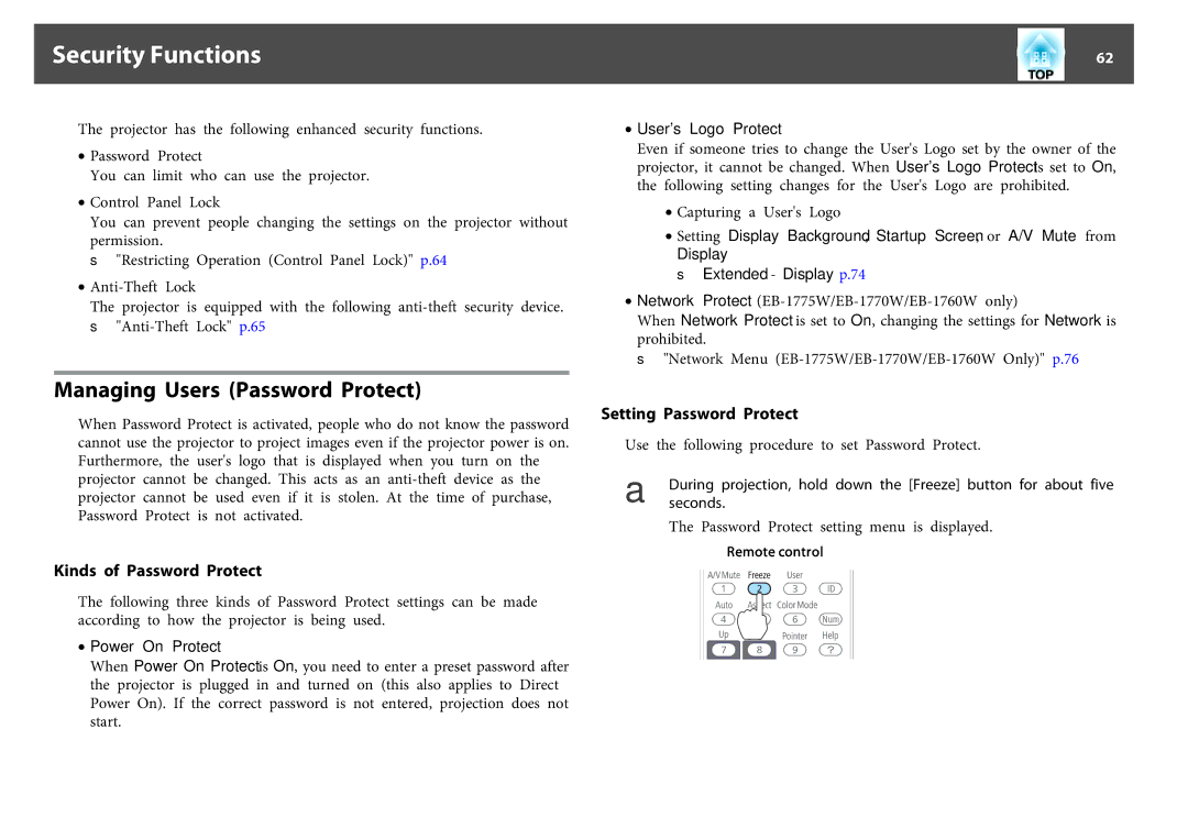 Epson EB-1770W Security Functions, Managing Users Password Protect, Kinds of Password Protect, Setting Password Protect 