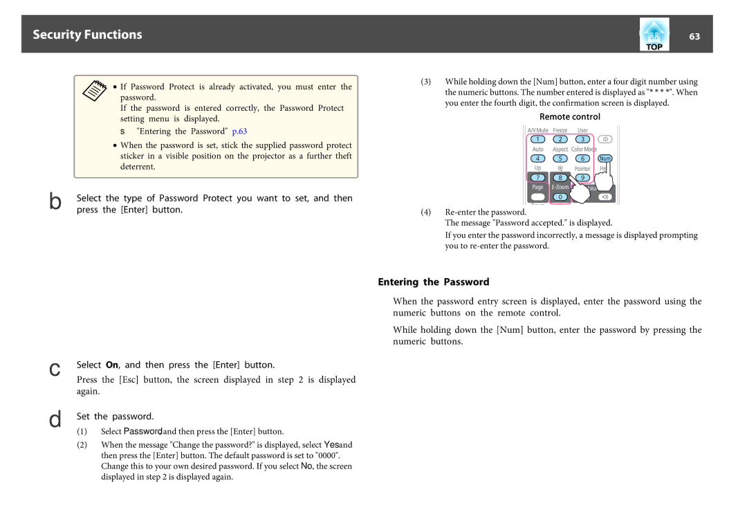 Epson EB-1750, EB-1760W, EB-1770W manual Security Functions, Entering the Password 