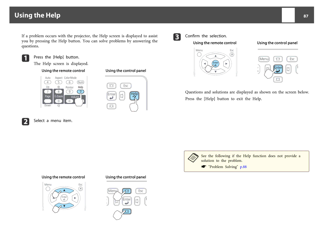 Epson EB-1750, EB-1760W, EB-1770W manual Using the Help, Using the remote control 