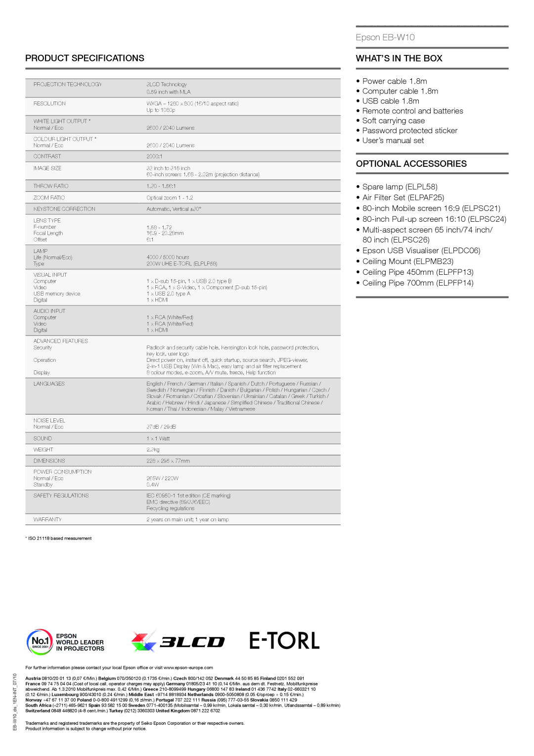 Epson EB-W10 quick start Product Specifications, WHAT’S in the BOX, Optional Accessories 