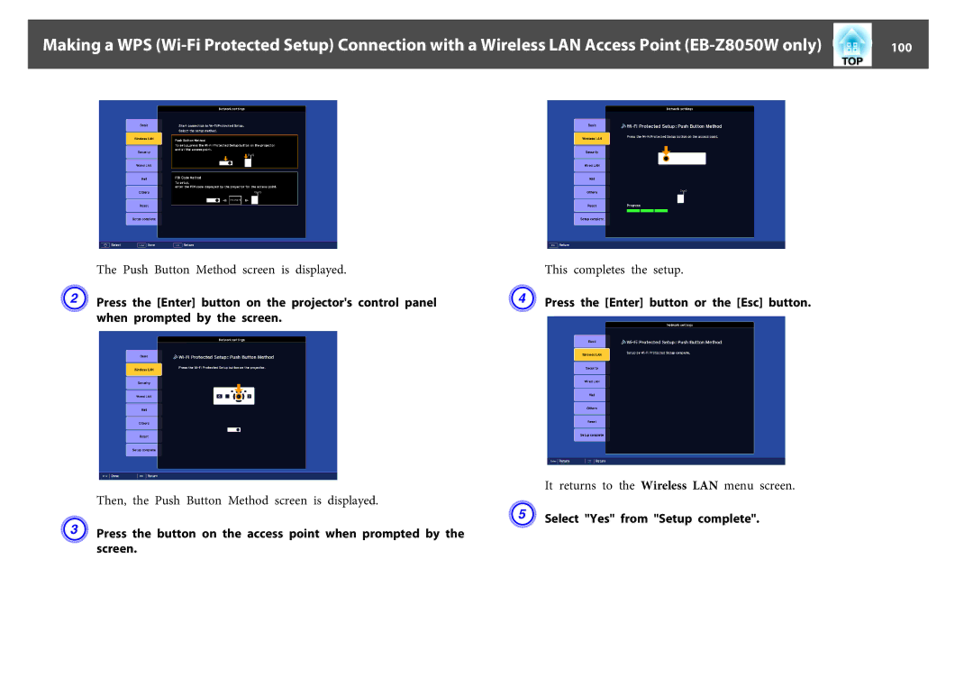 Epson EB-Z8000WU, EB-Z8050W manual 100, Press the Enter button or the Esc button, Select Yes from Setup complete 