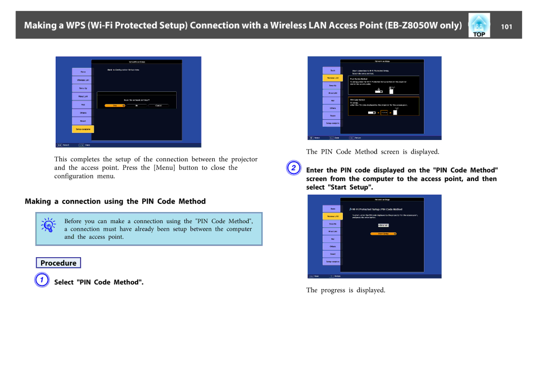 Epson EB-Z8050W, EB-Z8000WU manual Making a connection using the PIN Code Method, 101, Select PIN Code Method 