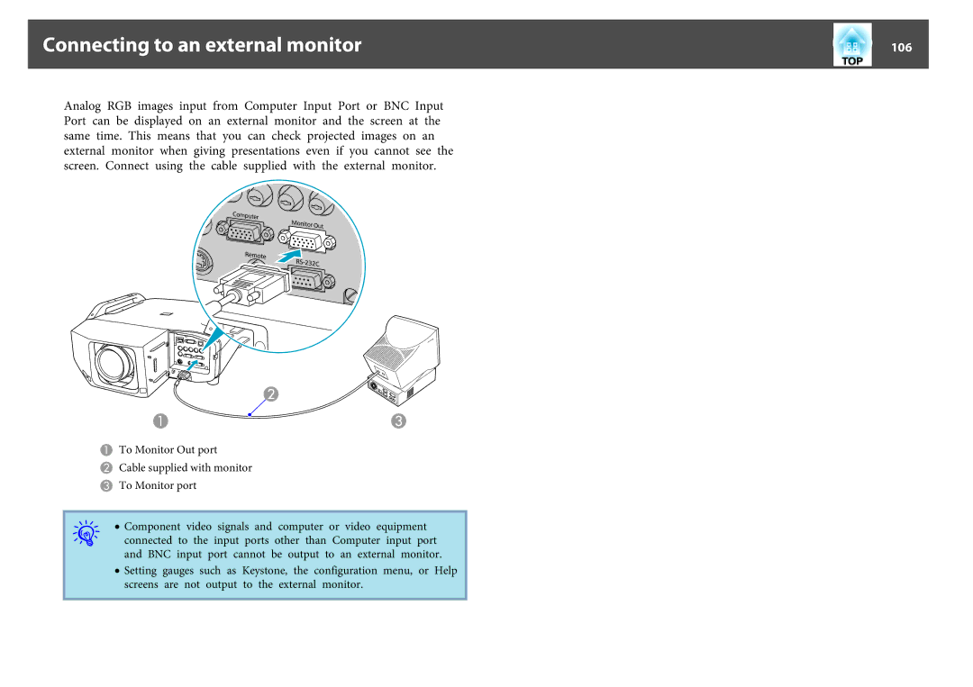 Epson EB-Z8000WU, EB-Z8050W manual Connecting to an external monitor, 106 