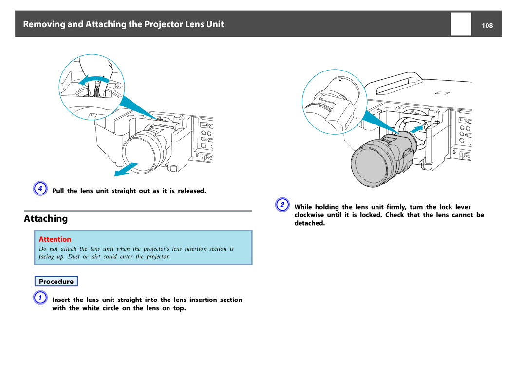 Epson EB-Z8000WU, EB-Z8050W manual Removing and Attaching the Projector Lens Unit, 108 