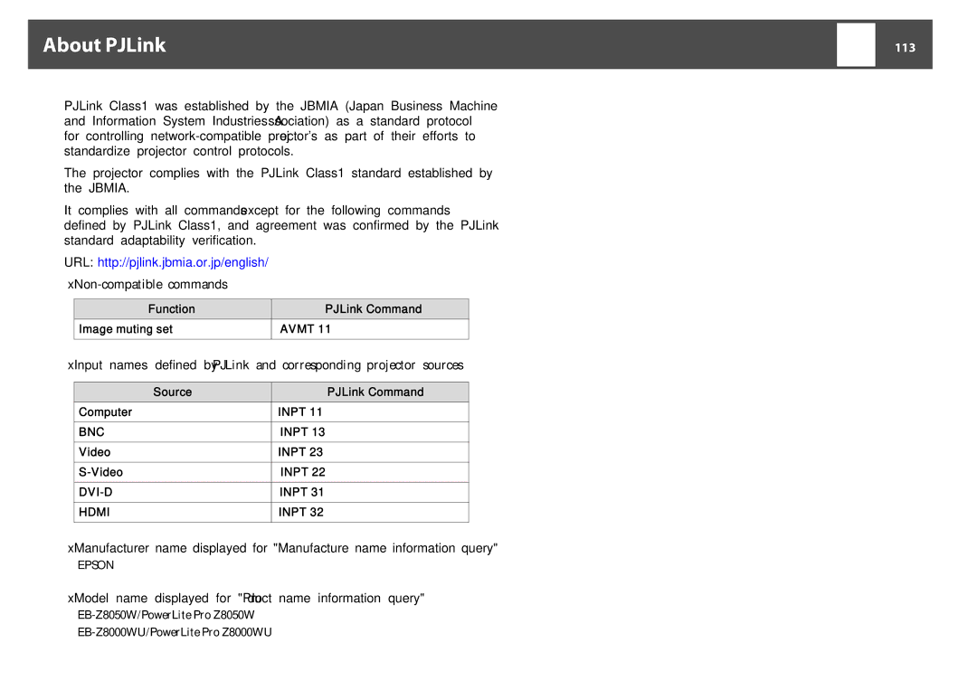 Epson EB-Z8050W, EB-Z8000WU manual About PJLink, 113, Function Image muting set PJLink Command, Source Computer 