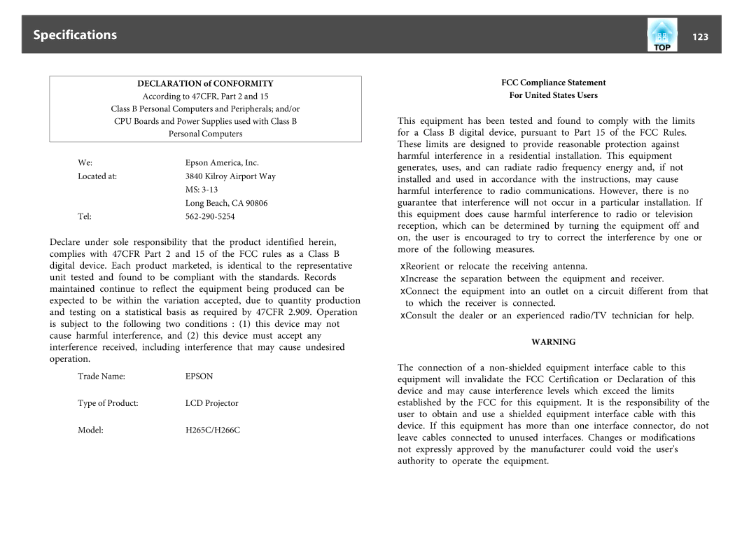 Epson EB-Z8050W, EB-Z8000WU manual 123, Declaration of Conformity, FCC Compliance Statement For United States Users 