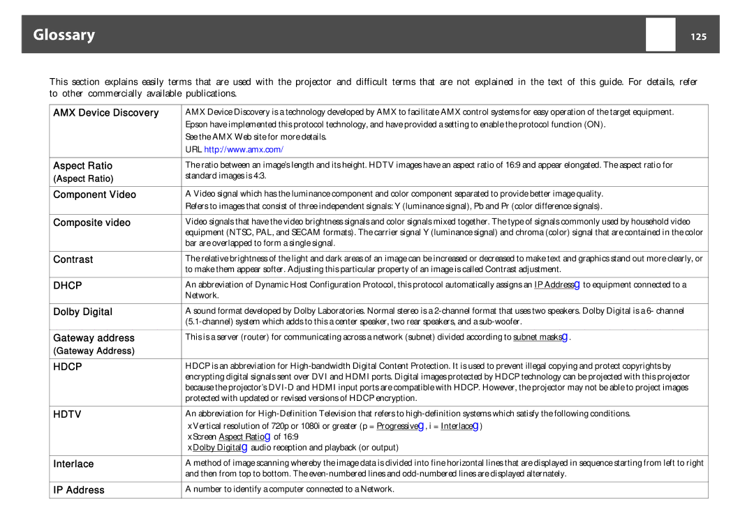 Epson EB-Z8050W, EB-Z8000WU manual Glossary, 125 