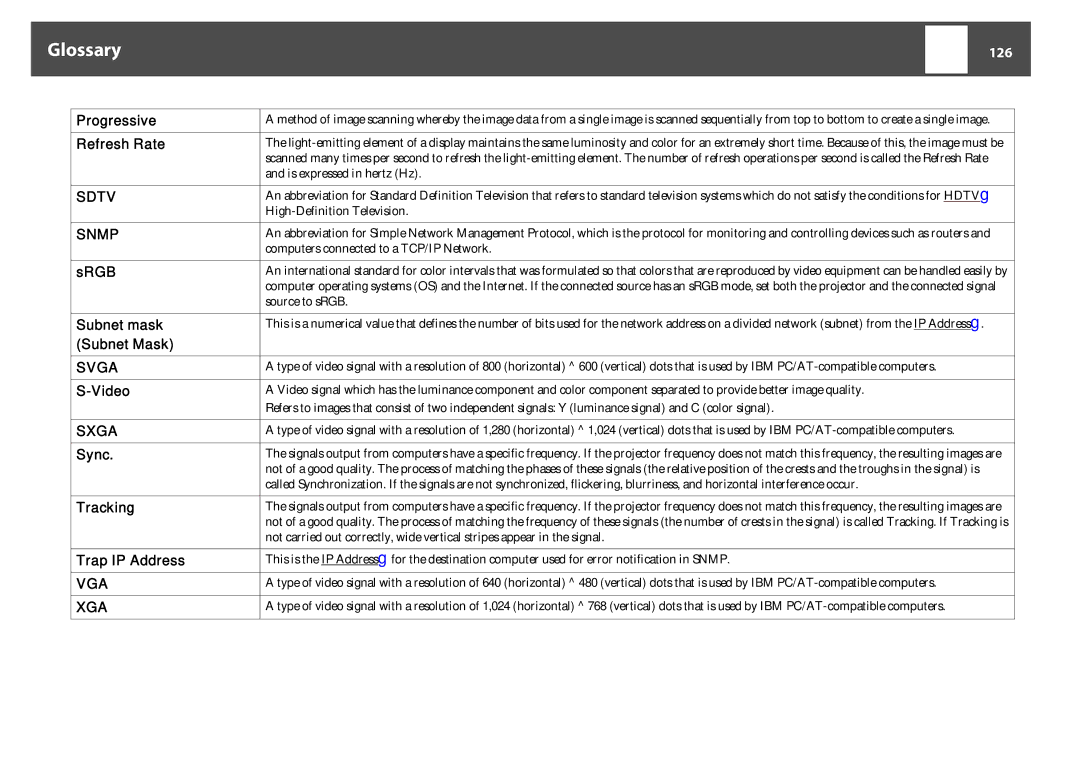 Epson EB-Z8000WU, EB-Z8050W manual Glossary, 126 