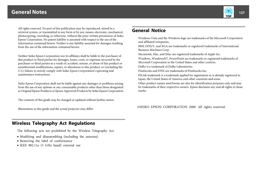 Epson EB-Z8050W, EB-Z8000WU manual General Notes, Wireless Telegraphy Act Regulations, General Notice, 127 