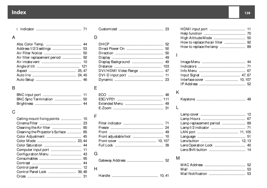 Epson EB-Z8000WU, EB-Z8050W manual Index, 128 