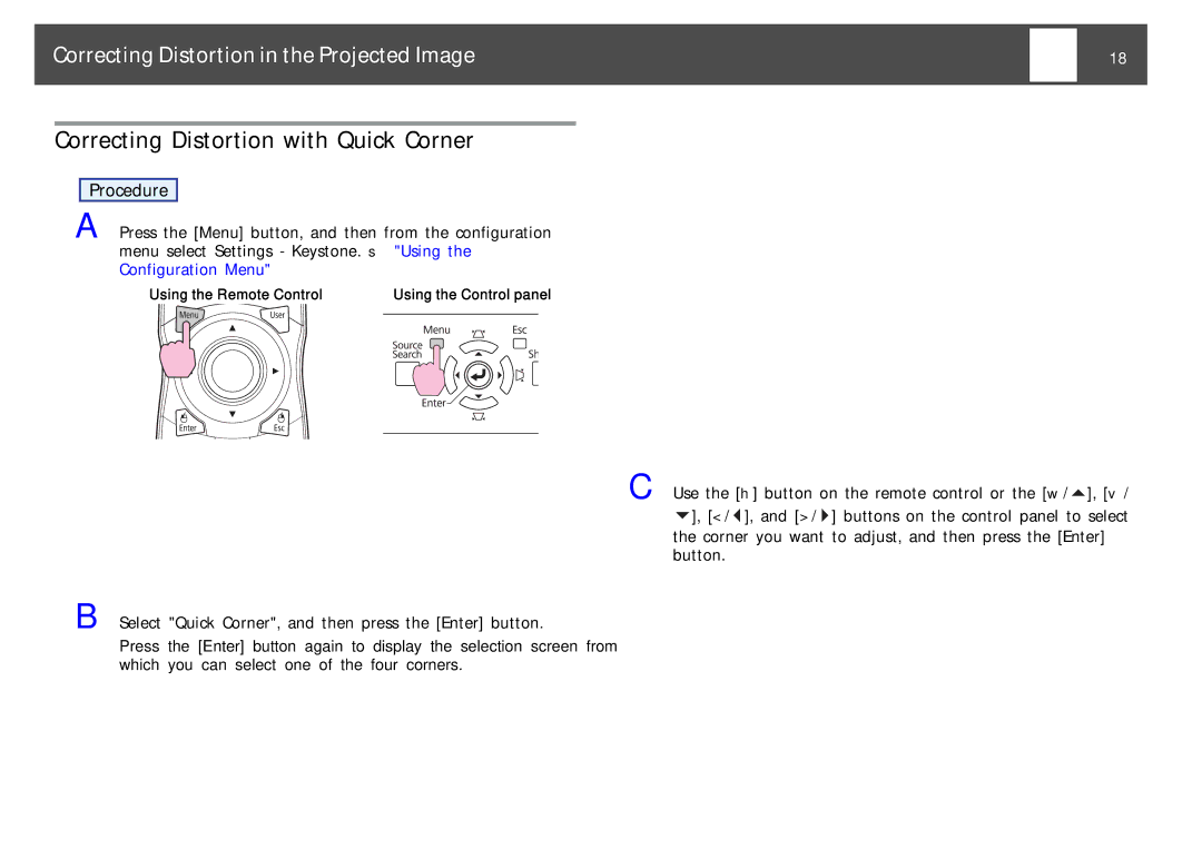 Epson EB-Z8000WU, EB-Z8050W manual Correcting Distortion with Quick Corner, Correcting Distortion in the Projected Image 