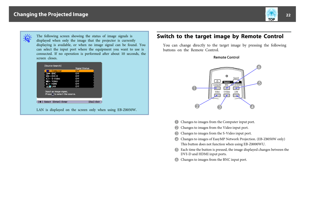 Epson EB-Z8000WU, EB-Z8050W manual Switch to the target image by Remote Control, Changing the Projected Image 