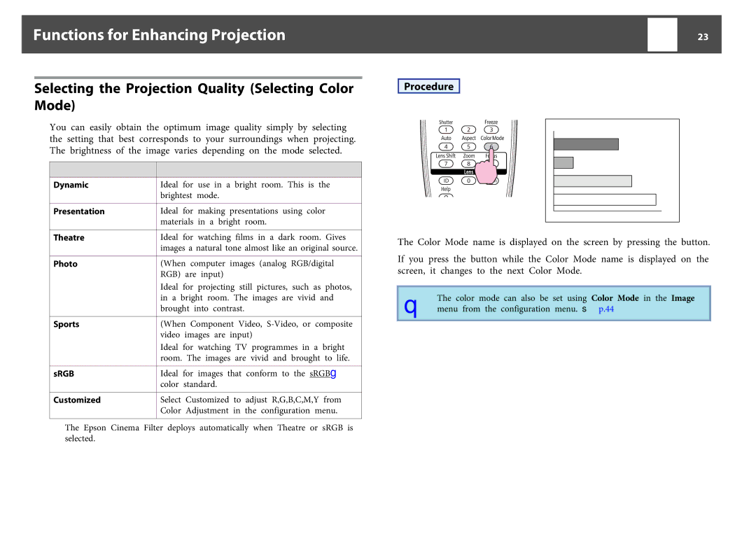 Epson EB-Z8050W, EB-Z8000WU manual Functions for Enhancing Projection, Selecting the Projection Quality Selecting Color Mode 