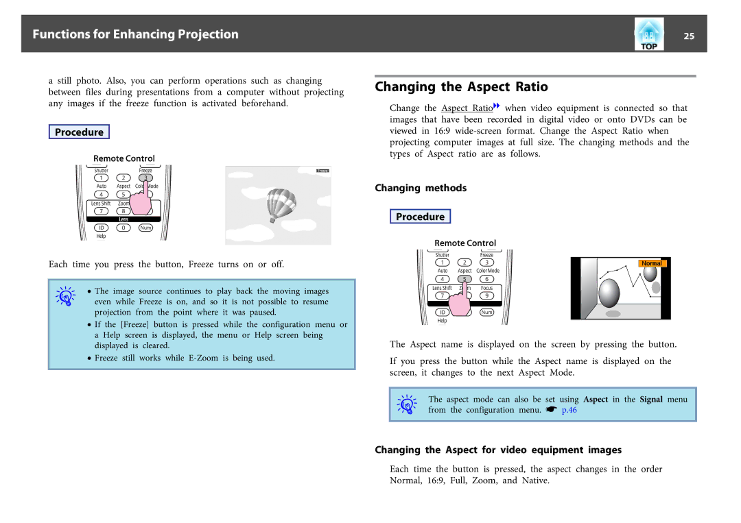 Epson EB-Z8050W Changing the Aspect Ratio, Changing methods Procedure, Changing the Aspect for video equipment images 