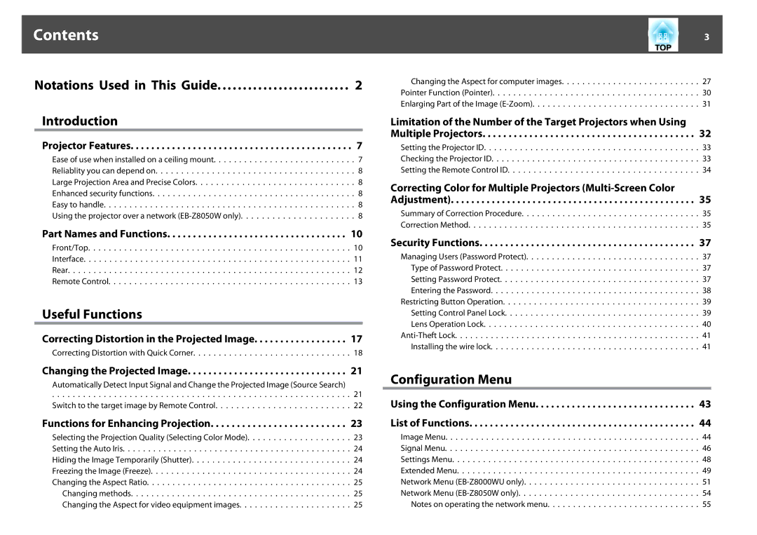 Epson EB-Z8050W, EB-Z8000WU manual Contents 