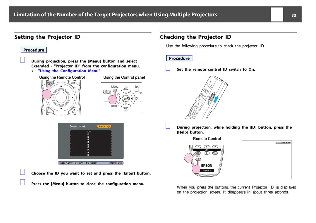 Epson EB-Z8050W, EB-Z8000WU manual Setting the Projector ID, Checking the Projector ID 