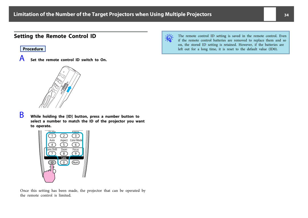 Epson EB-Z8000WU, EB-Z8050W manual Setting the Remote Control ID 