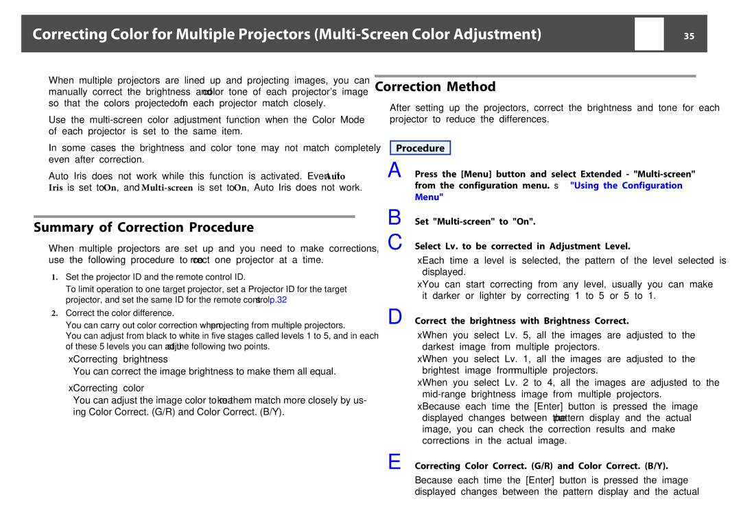 Epson EB-Z8050W manual Summary of Correction Procedure, Correction Method, Correct the brightness with Brightness Correct 