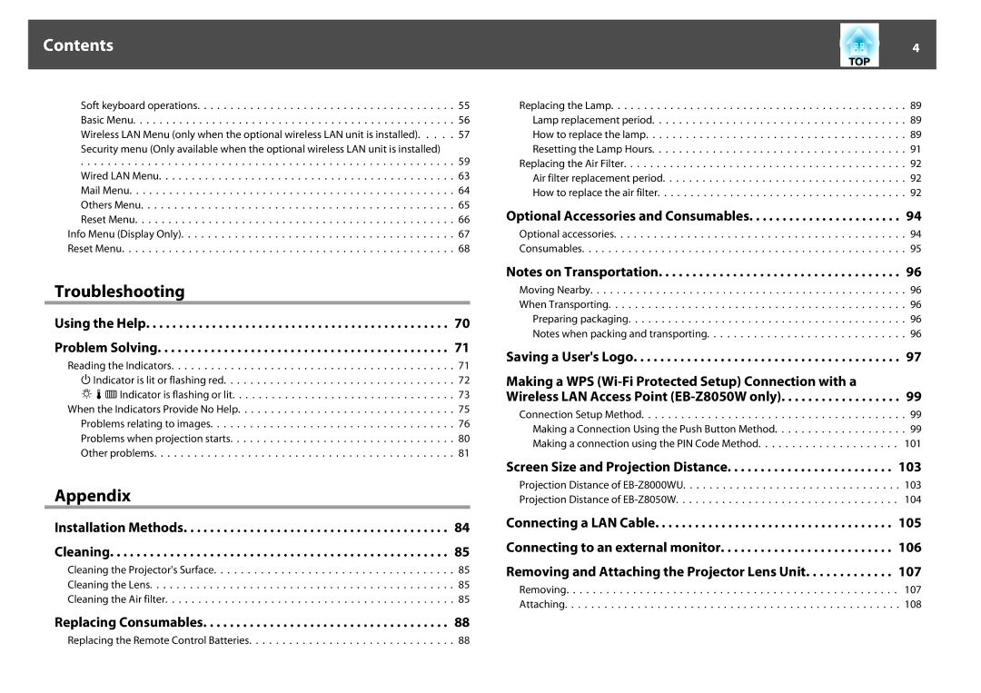 Epson EB-Z8000WU, EB-Z8050W manual Contents 