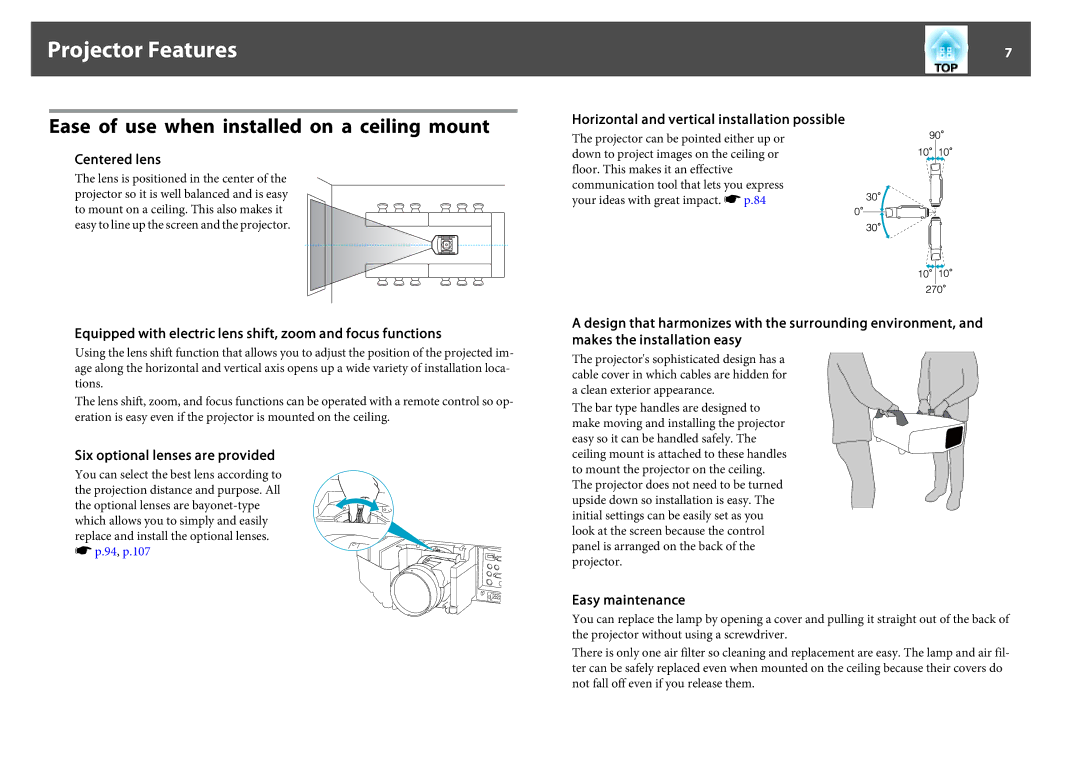 Epson EB-Z8050W, EB-Z8000WU manual Projector Features, Ease of use when installed on a ceiling mount 