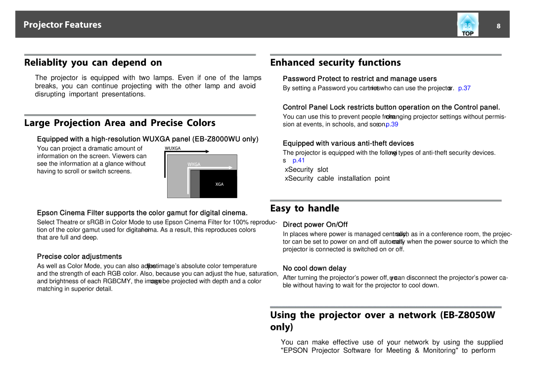 Epson EB-Z8000WU manual Reliablity you can depend on, Large Projection Area and Precise Colors, Enhanced security functions 