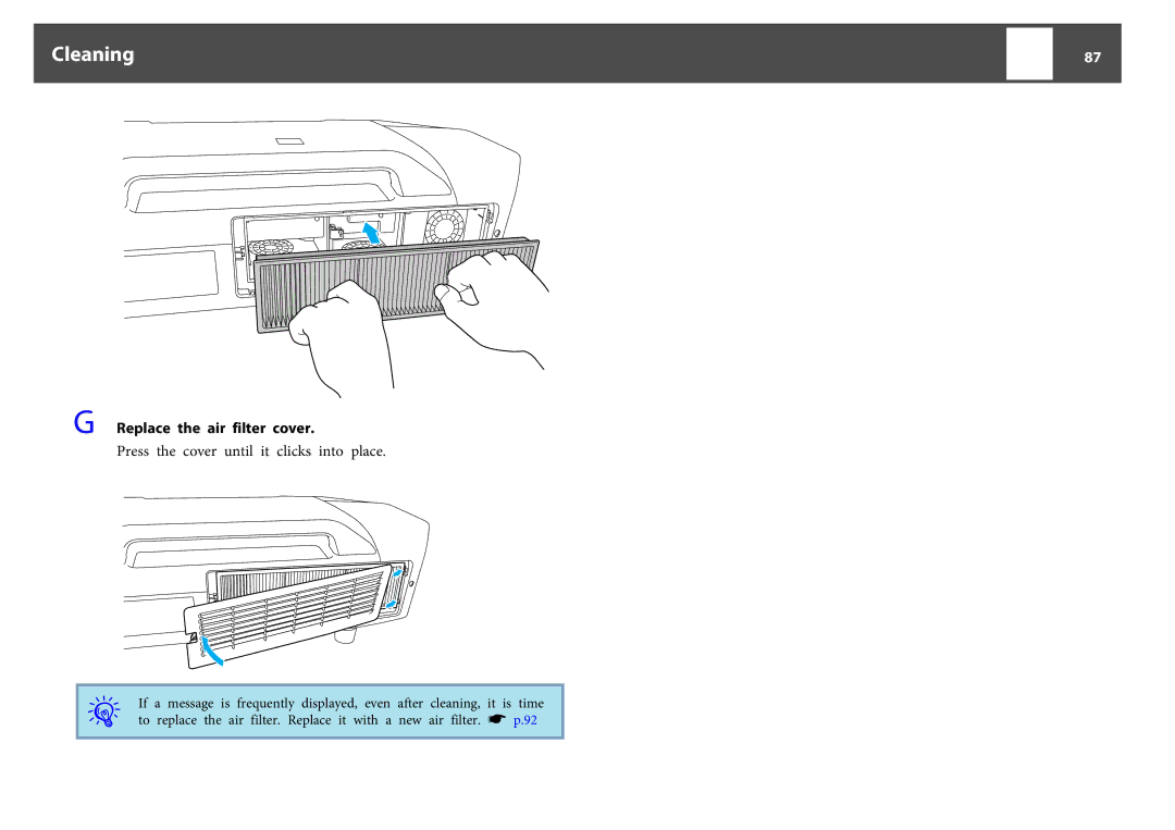 Epson EB-Z8050W, EB-Z8000WU manual Replace the air filter cover, Press the cover until it clicks into place 