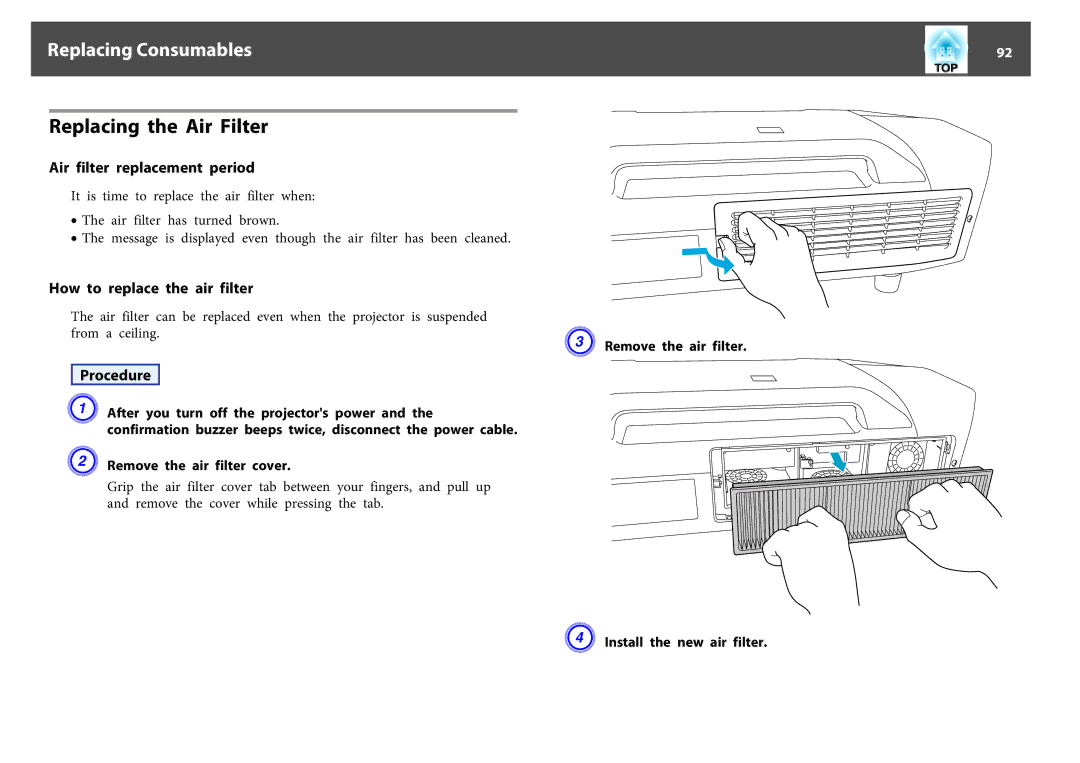 Epson EB-Z8000WU, EB-Z8050W manual Replacing the Air Filter, Air filter replacement period, How to replace the air filter 