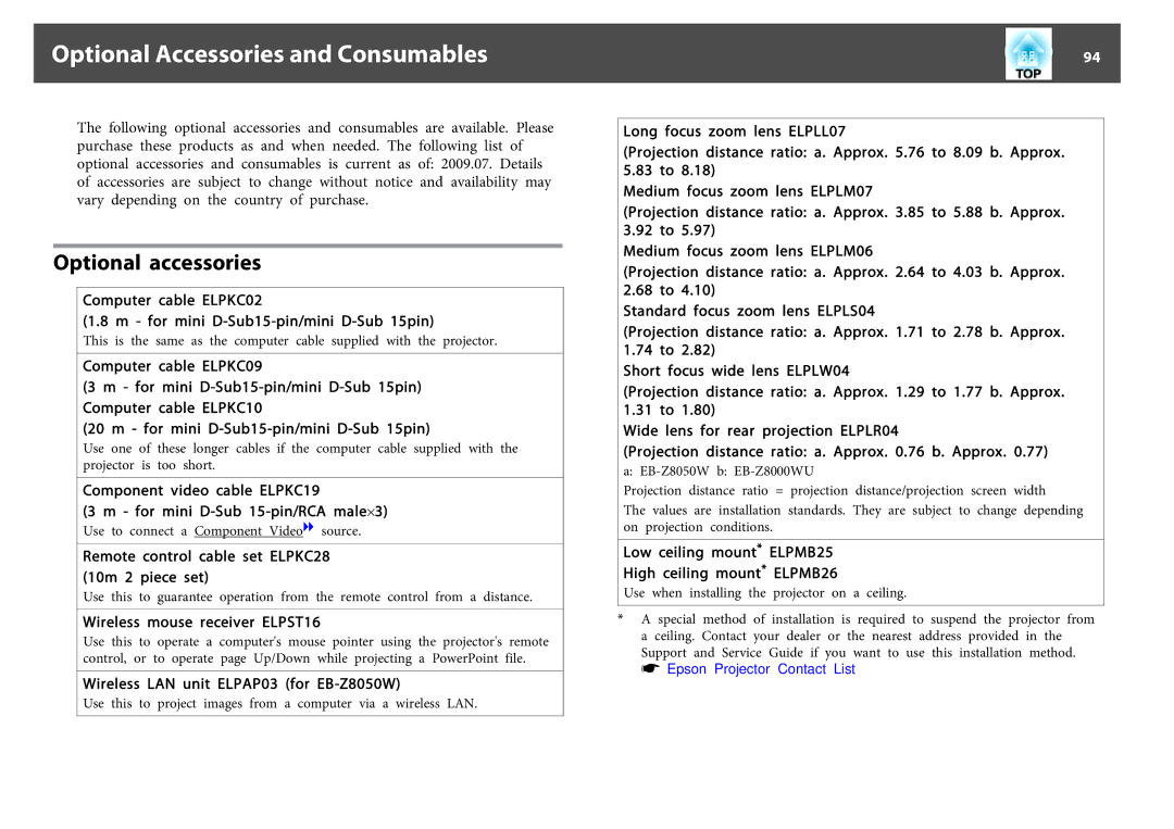 Epson EB-Z8000WU, EB-Z8050W manual Optional Accessories and Consumables, Optional accessories 