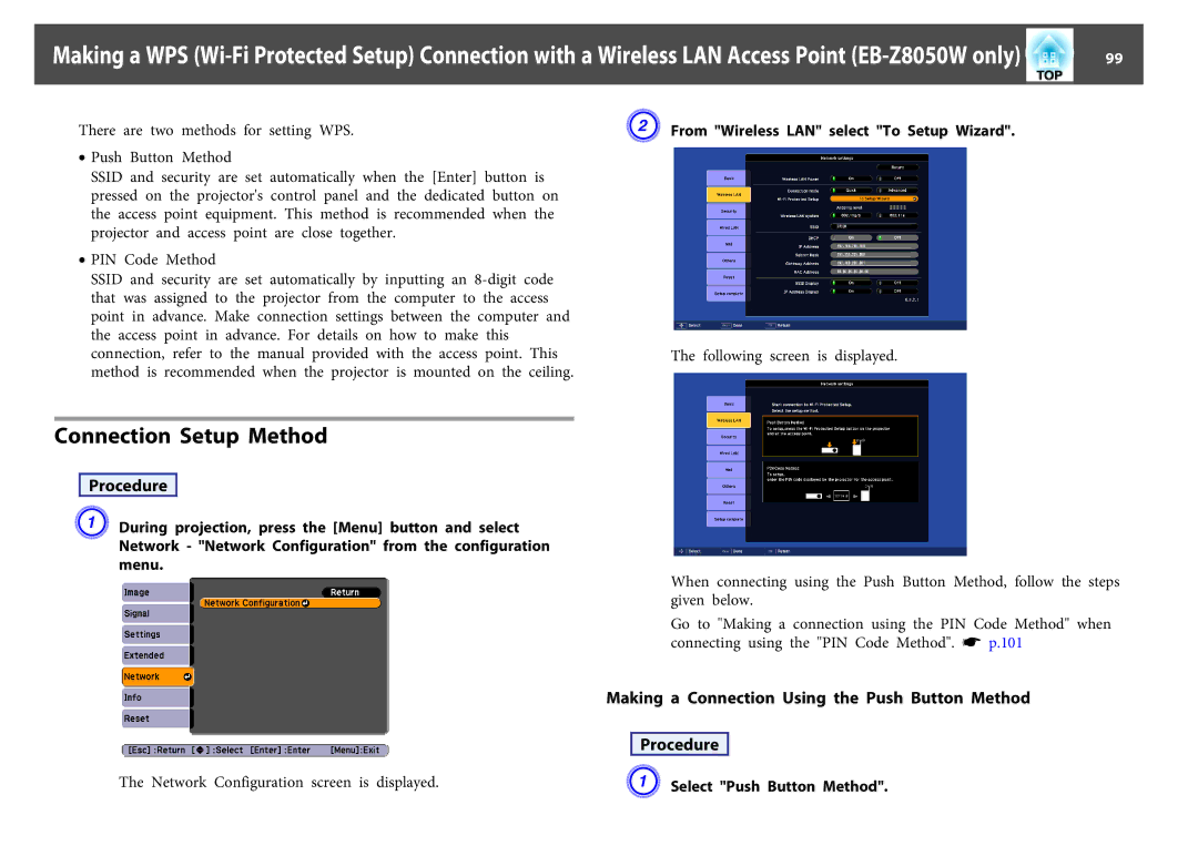 Epson EB-Z8050W, EB-Z8000WU manual Connection Setup Method, Making a Connection Using the Push Button Method Procedure 