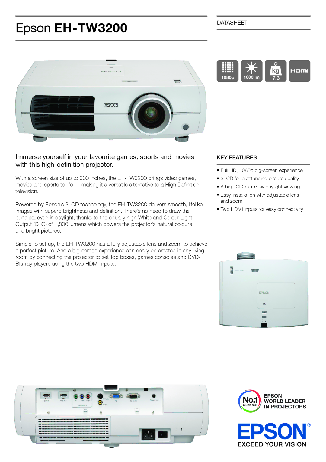 Epson manual Epson EH-TW3200, Datasheet, KEY Features 