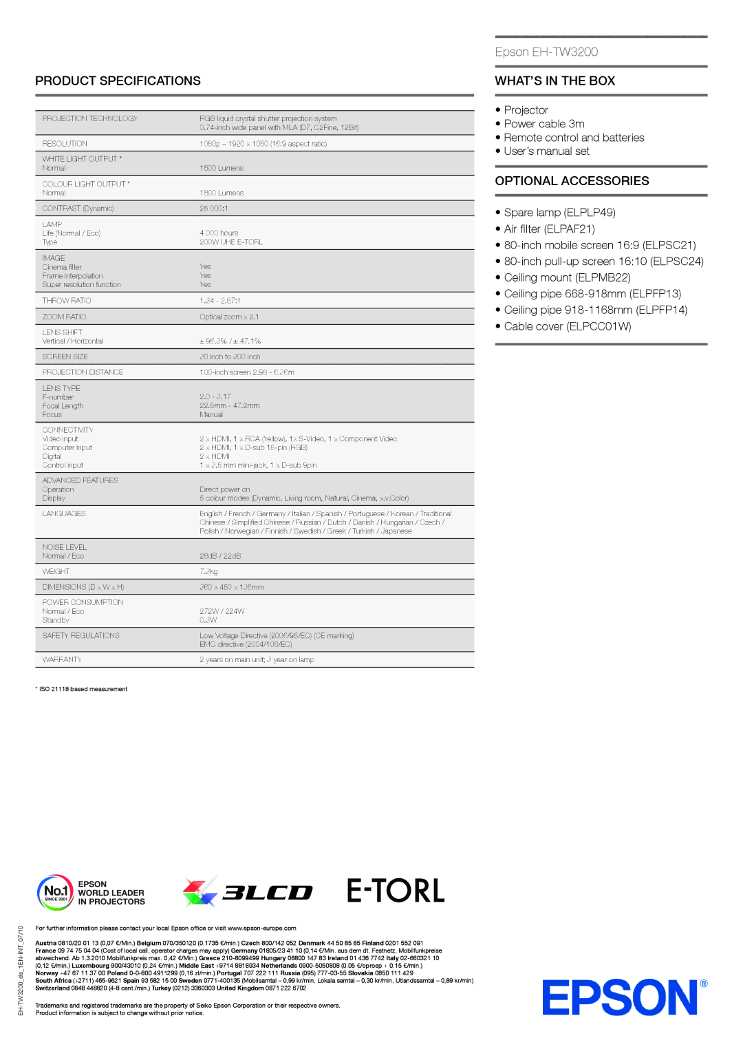 Epson EH-TW3200 manual Product Specifications, WHAT’S in the BOX, Optional Accessories 