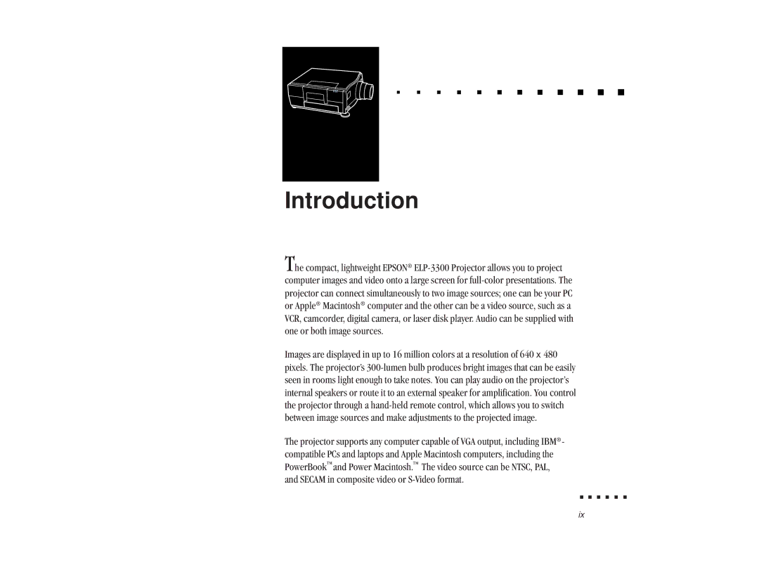 Epson ELP-3300 owner manual Introduction 