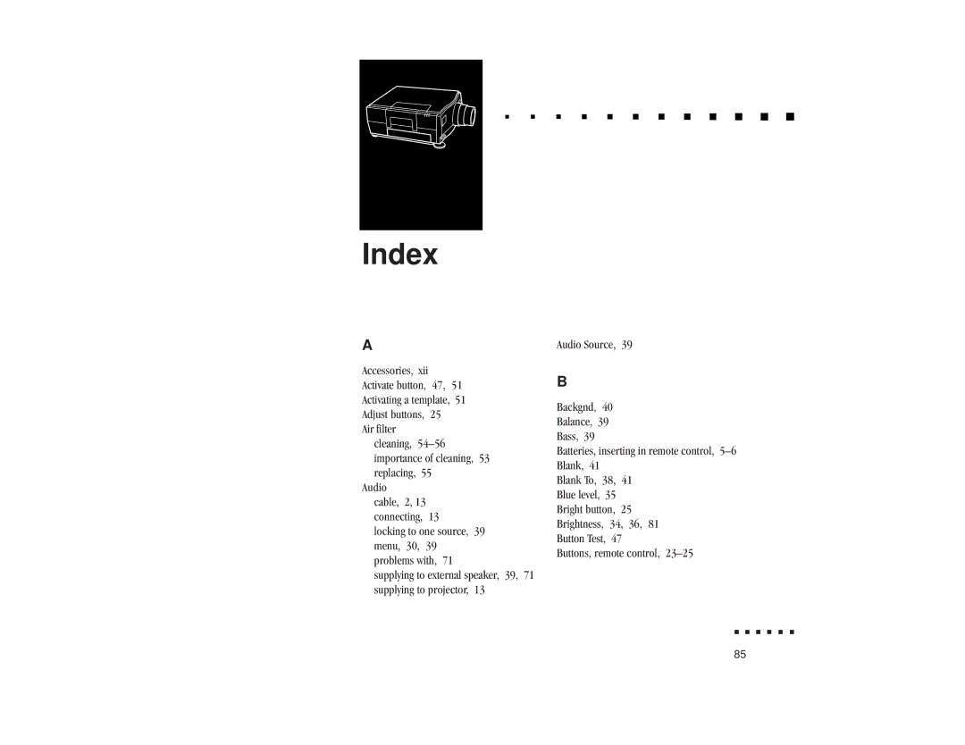 Epson ELP-3300 owner manual Index 