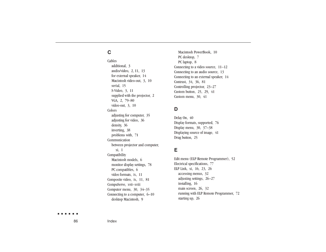 Epson ELP-3300 owner manual 86Index 