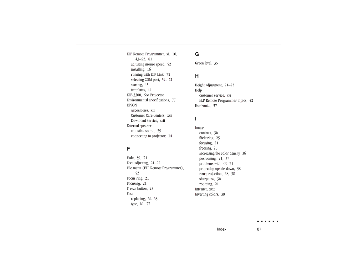 Epson ELP-3300 owner manual Index87 