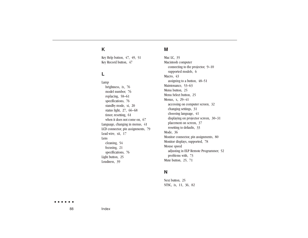 Epson ELP-3300 owner manual 88Index 