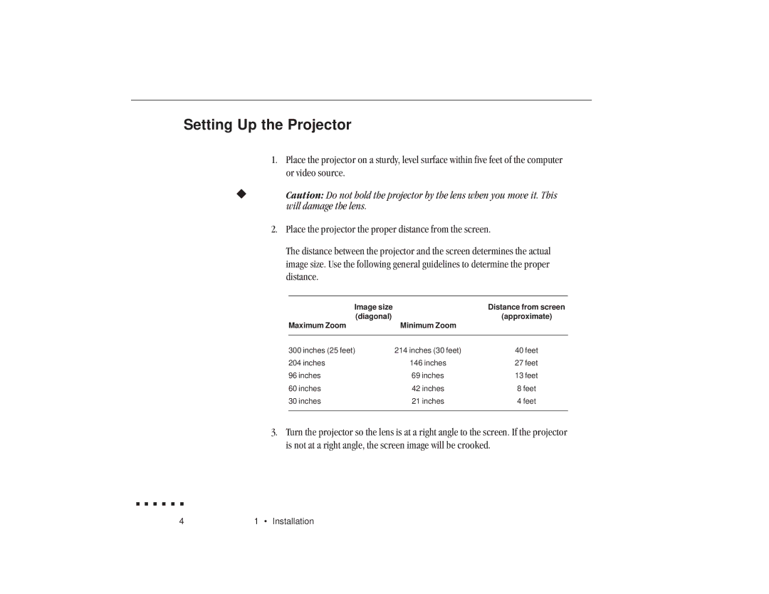 Epson ELP-3300 owner manual Setting Up the Projector, Maximum Zoom 