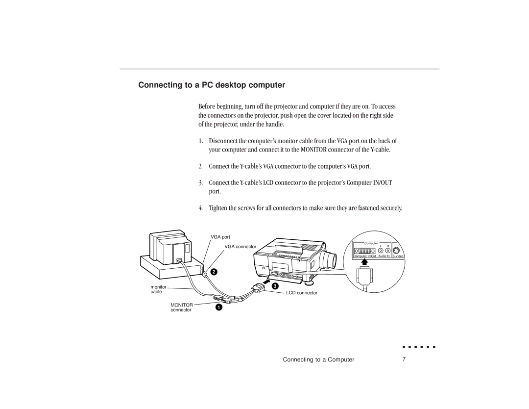 Epson ELP-3300 owner manual Connecting to a PC desktop computer 