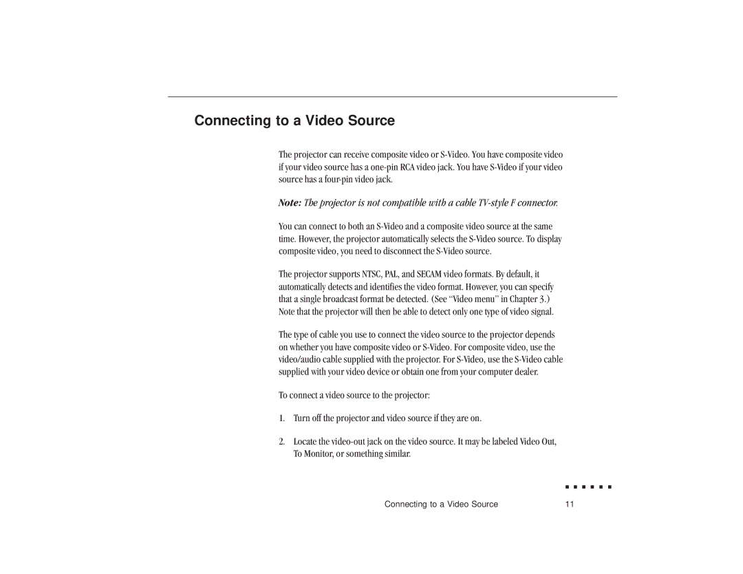 Epson ELP-3300 owner manual Connecting to a Video Source 