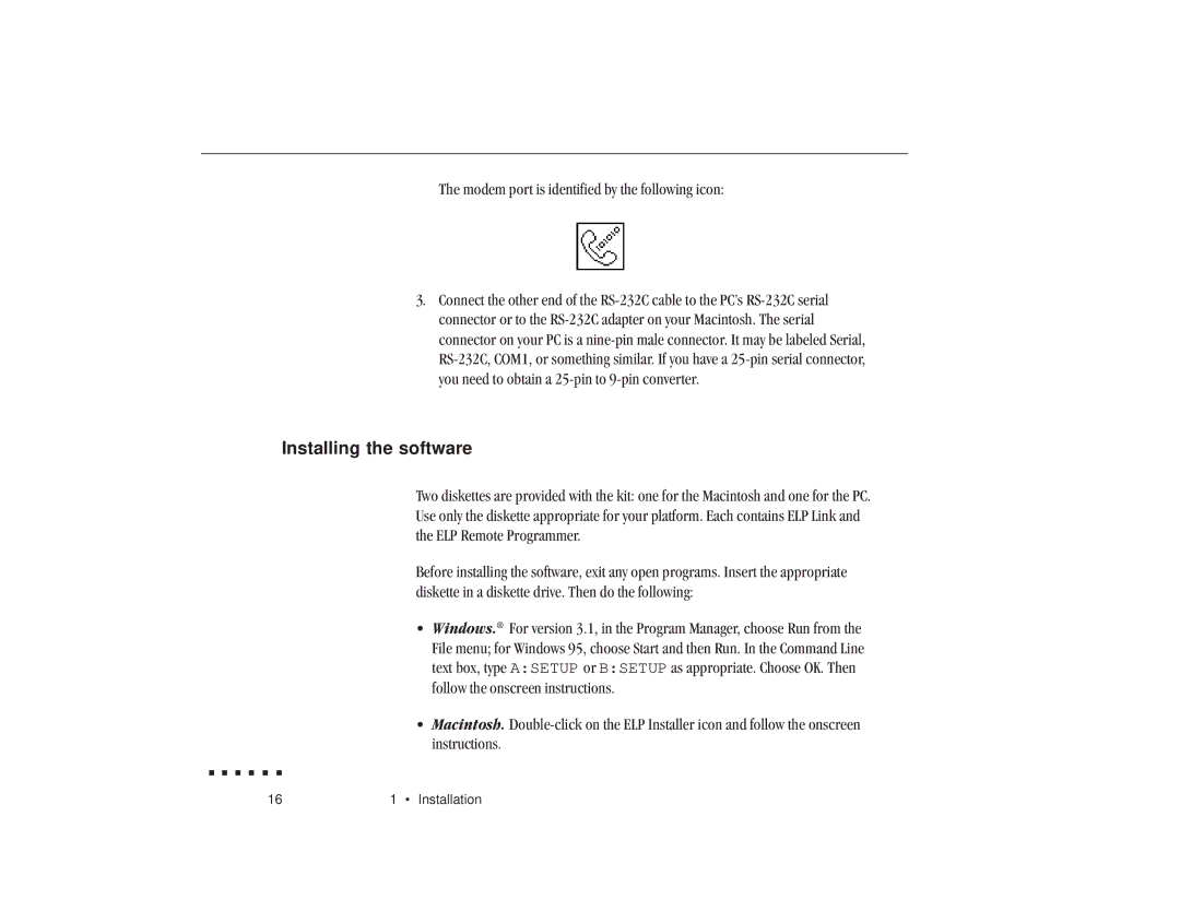 Epson ELP-3300 owner manual Installing the software, Modem port is identified by the following icon 