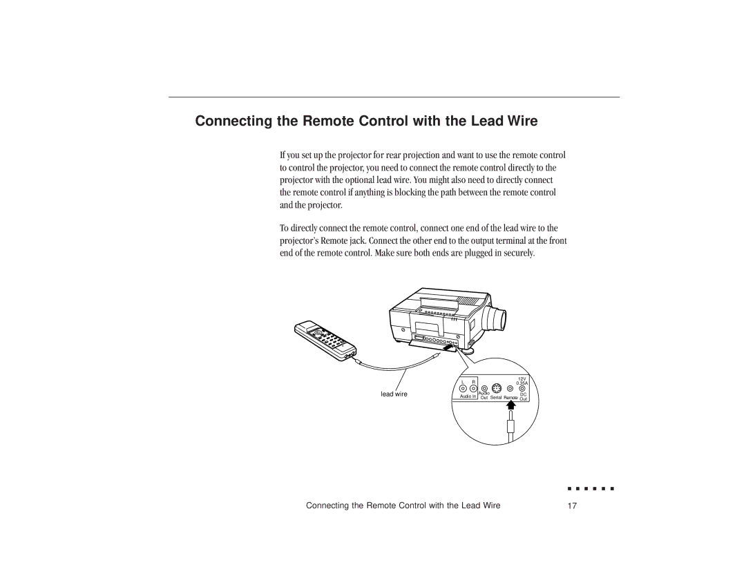 Epson ELP-3300 owner manual Connecting the Remote Control with the Lead Wire 