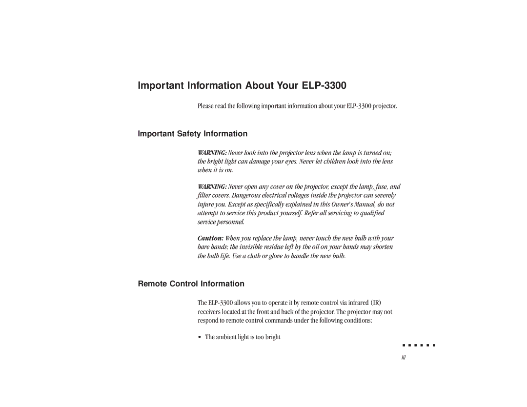 Epson owner manual Important Information About Your ELP-3300, Important Safety Information Remote Control Information 