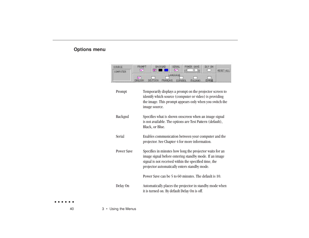 Epson ELP-3300 owner manual Options menu 