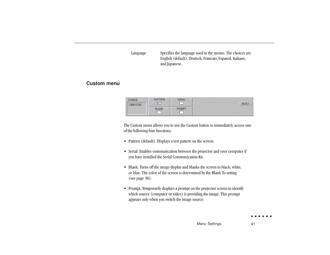 Epson ELP-3300 owner manual Custom menu, Language, Japanese 