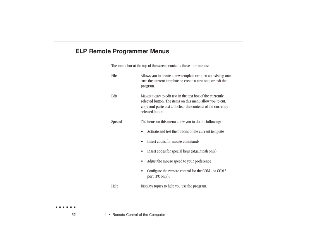 Epson ELP-3300 owner manual ELP Remote Programmer Menus 