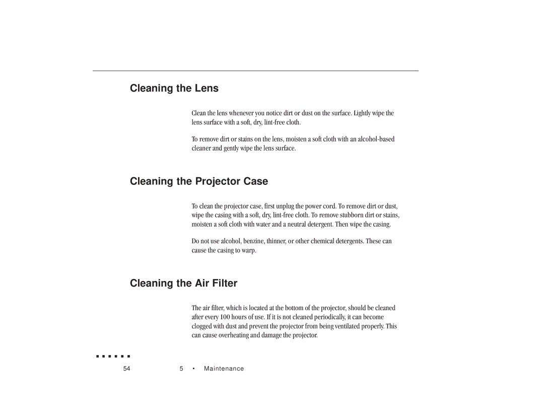 Epson ELP-3300 owner manual Cleaning the Lens, Cleaning the Projector Case, Cleaning the Air Filter 