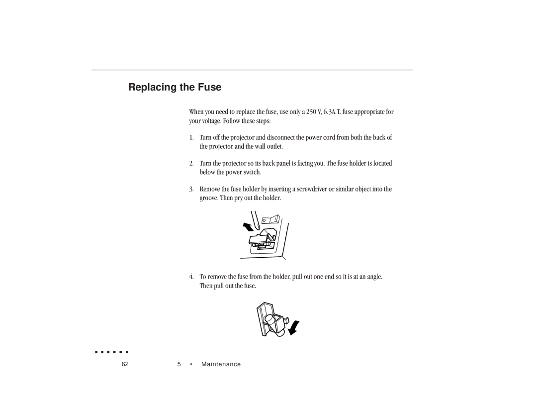 Epson ELP-3300 owner manual Replacing the Fuse 