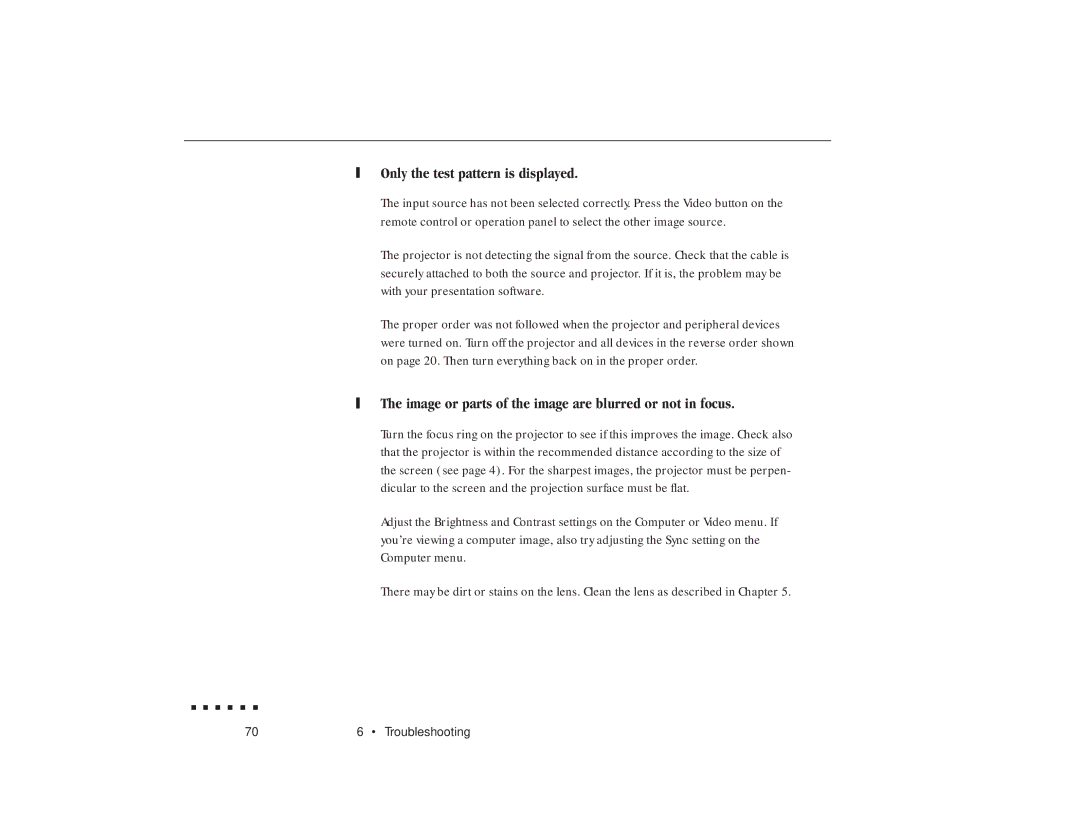 Epson ELP-3300 owner manual Only the test pattern is displayed 